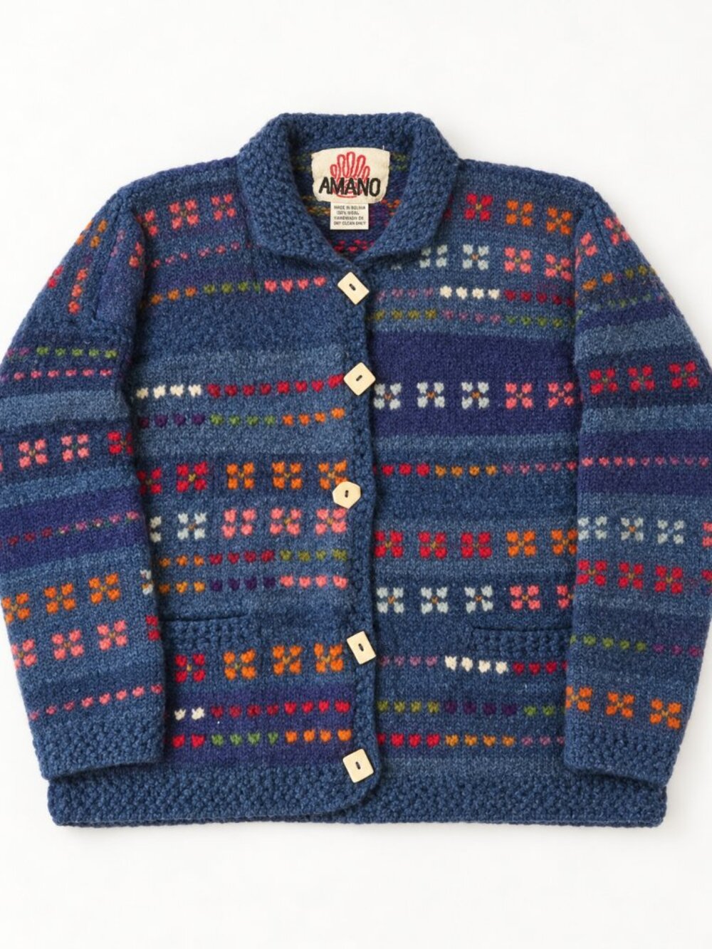 Vintage Amano 100% Wool Blue Fair Isle Chunky Cardigan Bolivia Aprox. XL